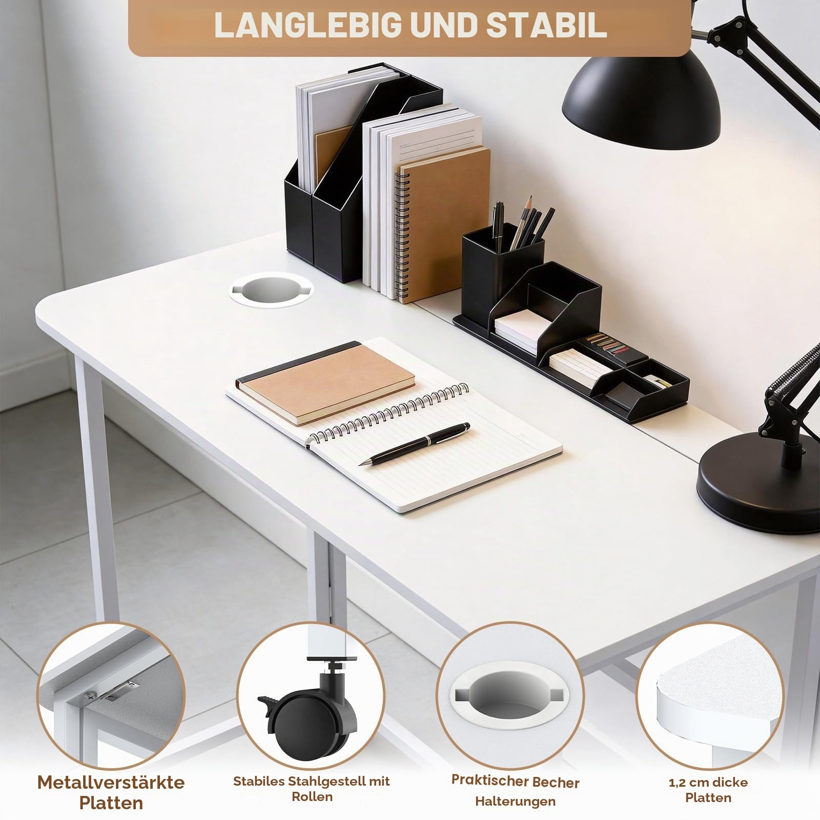 Huracan Klappschreibtisch, Kleiner Schreibtisch Klappbar mit Rollen, Höhenverstellbar 80x40x74 cm, Multifunktionaler Schreibtisch für Home Office, Arbeiten & Hobbys, Ergonomisch, Platzsparend, Weiß