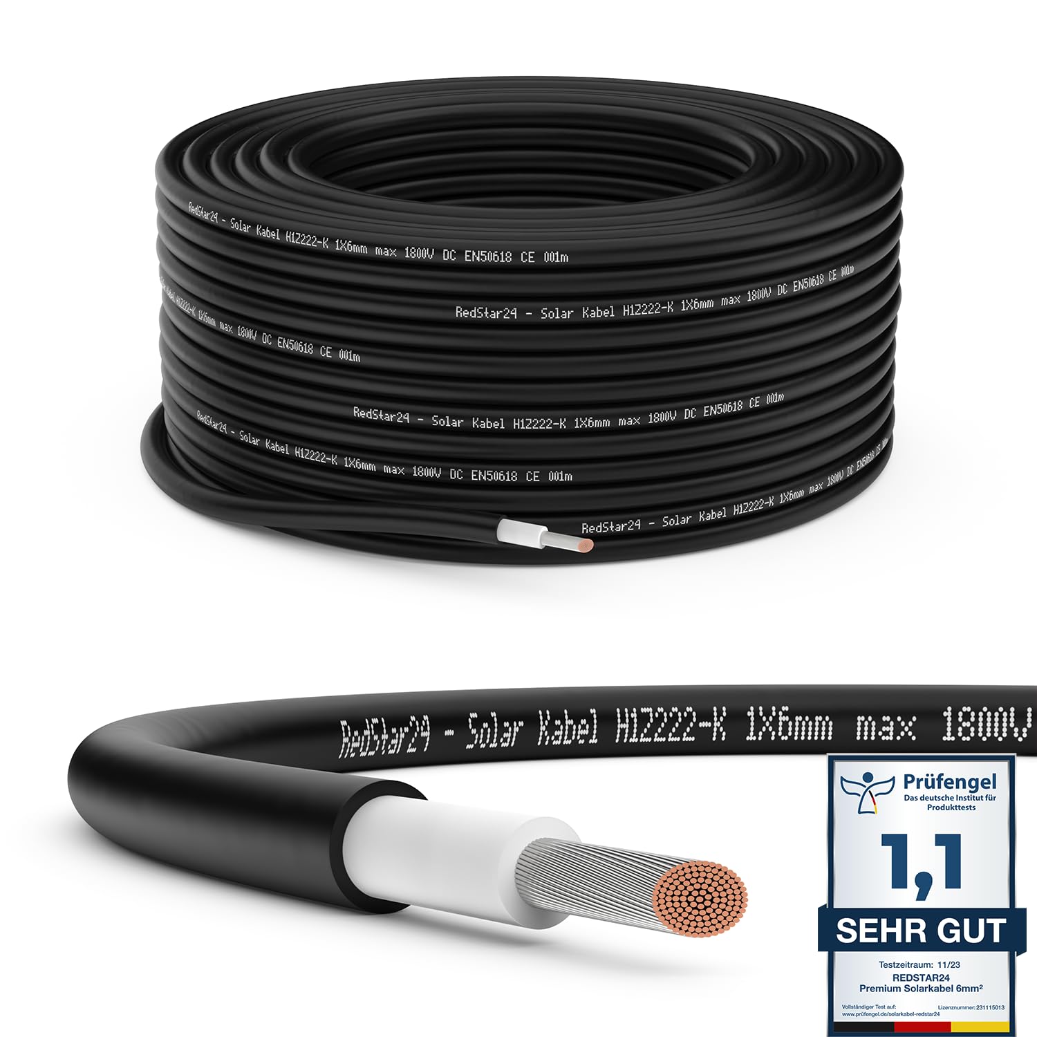 RedStar24 Solarkabel 6mm² Schwarz 20m TÜV SÜD UV-beständig Photovoltaik Kabel PV Kabel Solar Anschlusskabel