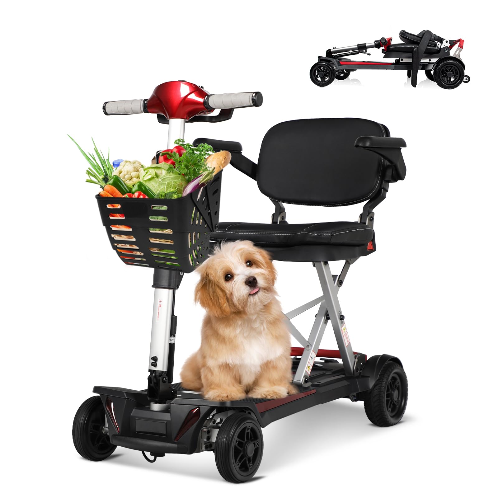 Foldable Mobility Scooter for Seniors Adults, 4 Wheel Electric Mobility Scooter,Lightweight Folding Travel Mobility Scooters with Basket,All Terrain,Airlines Approved,Red