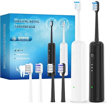 2025 New Sonic Electric Toothbrush for Adults - Vibration 60,000 VPM & 73 Oscillation Rechargeable Electric Toothbrush, 50+ Days Battery Life, 3 Modes, 2-Minute Timer, 3 Brush Heads, 2 Pack