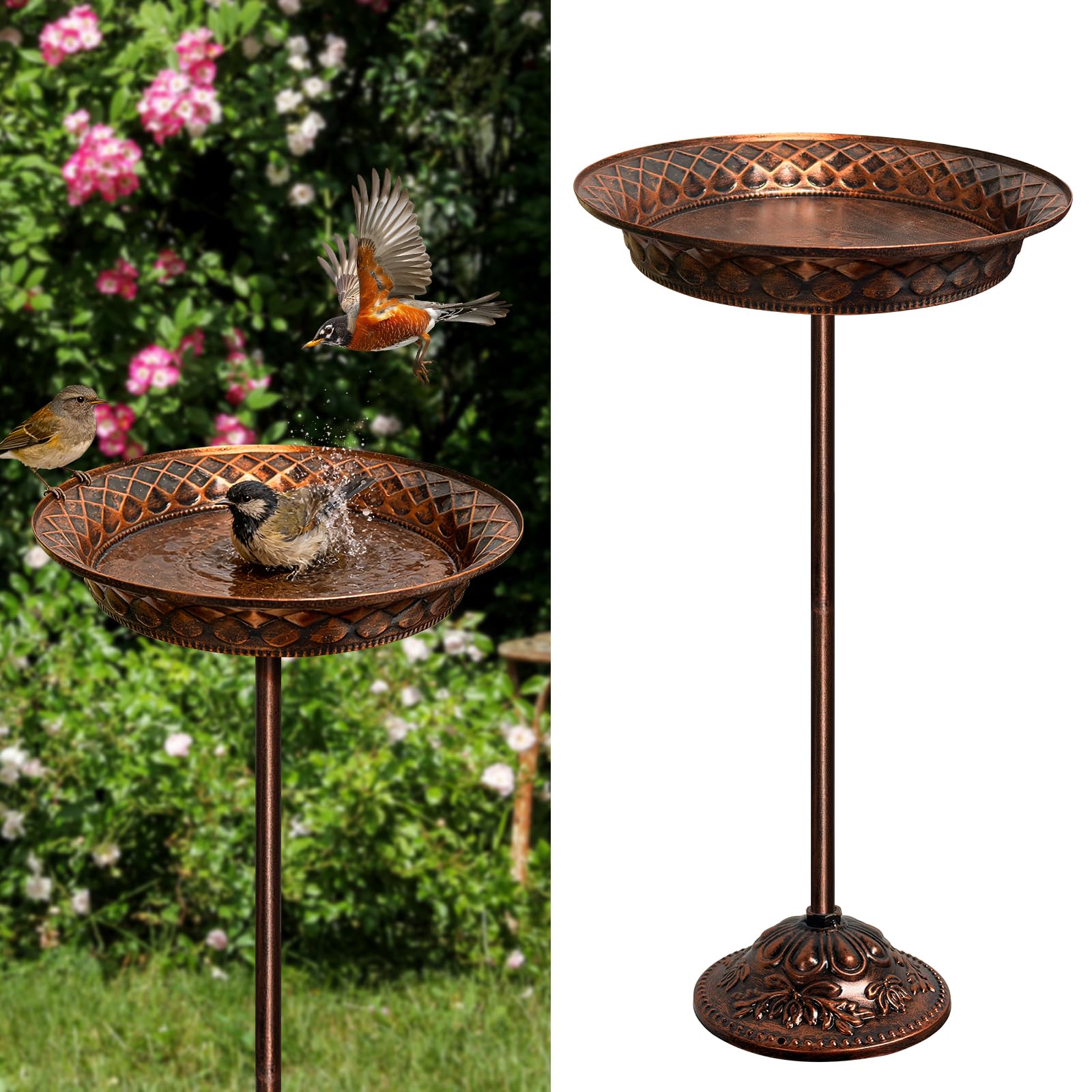 Vogeltränke Stehend, Vogeltränke Winterfest Balkon Garten, Antike Vogelbad Futter Wasserschale, Metall Vogelbecken Schüssel Wassertränke für Vögel 70x27CM (Antike Bronze)