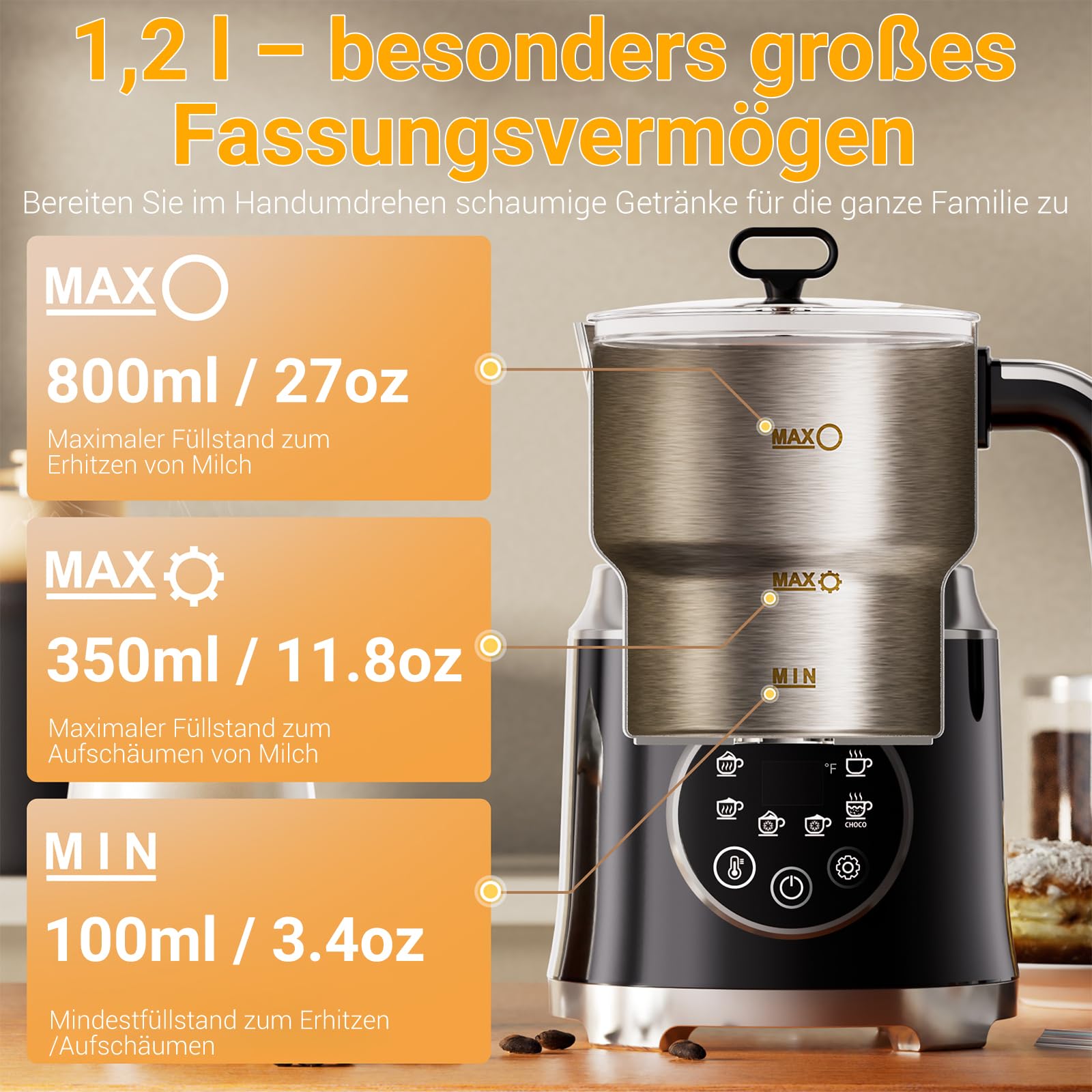 Milchaufschäumer Elektrisch 6-in-1-800ml Automatischer Milchschäumer für Heiße & Kalte Schäume, Spülmaschinengeeignet, Abnehmbares, Leise, für Hafermilch, Sojamilch, Latte, Cappuccino, Schwarz