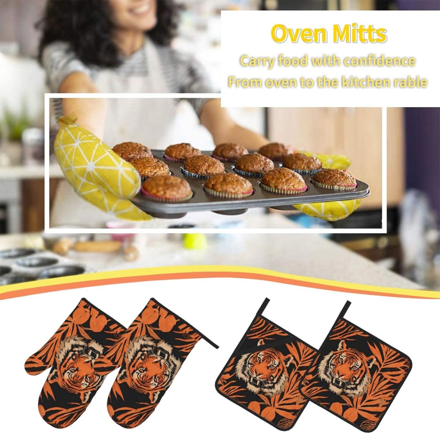 (Tiger Stripes Orange Pattern) Baking 4-Piece Set: 2 Oven Mitts and 2 Pot Holders Heat Resistant Waterproof Hanging Loop for Kitchen Oven Grill Housewarming Gifts