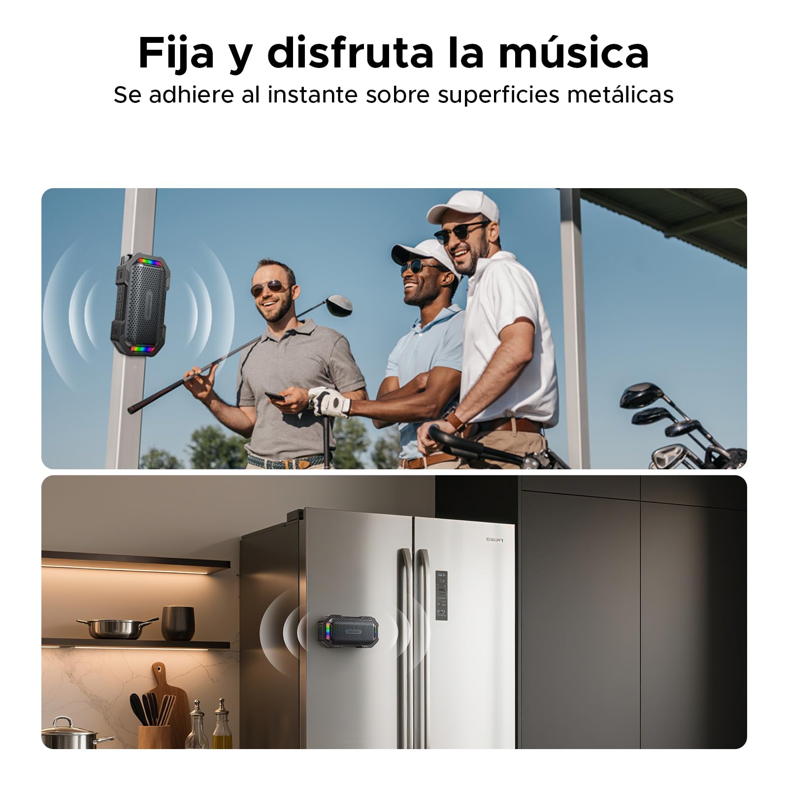 mag Grip Altavoz Portatil Inalámbrico Magnético, Speaker 15W Pico con Luces RGB Sincronizadas, Altavoz Batería 1800mAh Autonomía 8H IP67 TWS,