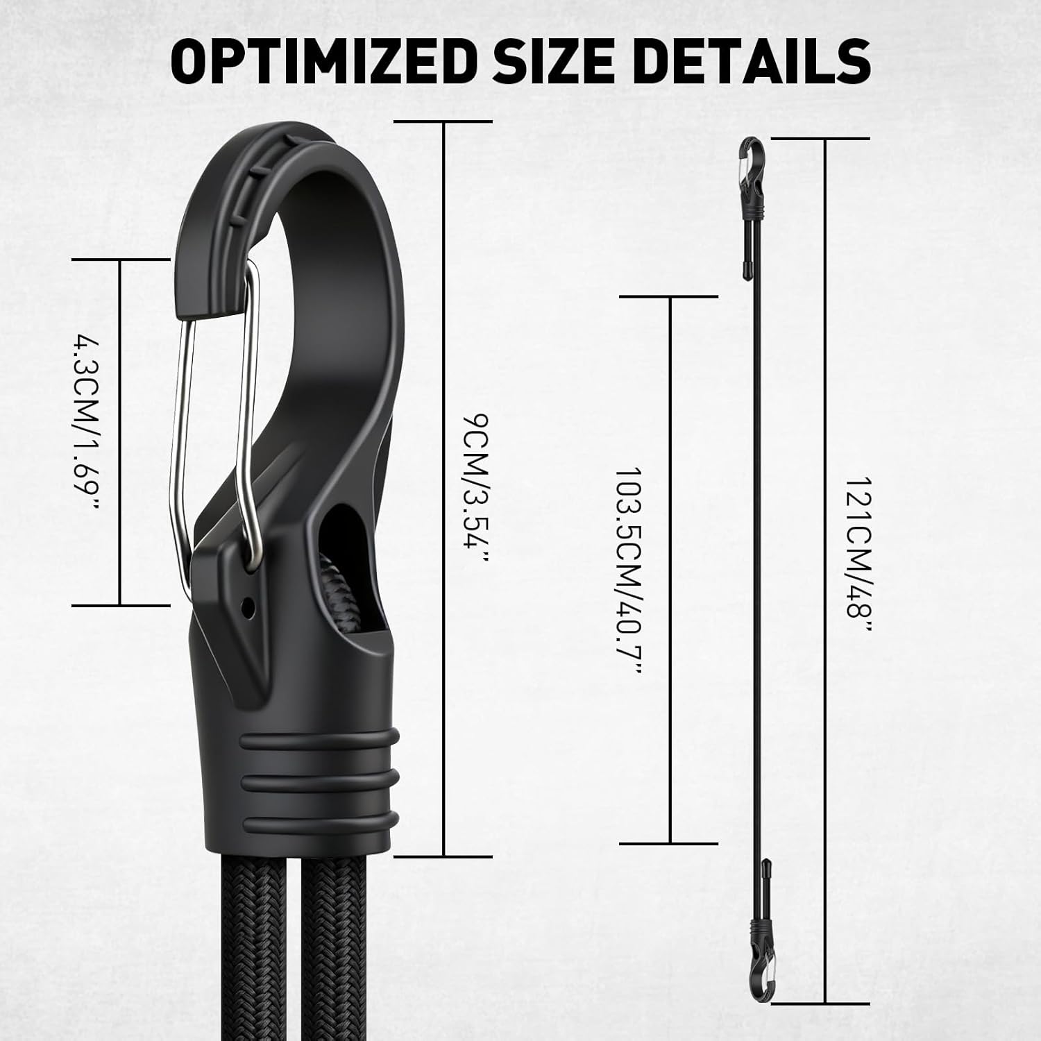 8-Piece 48-inch Adjustable Bungee Cords with Hooks, Heavy Duty Outdoor Carabiner Bungee Straps, Easily Adjust from 7" to 48", Black Super Elastic Cord for Cargo, Camping, Bike Racks, Tents