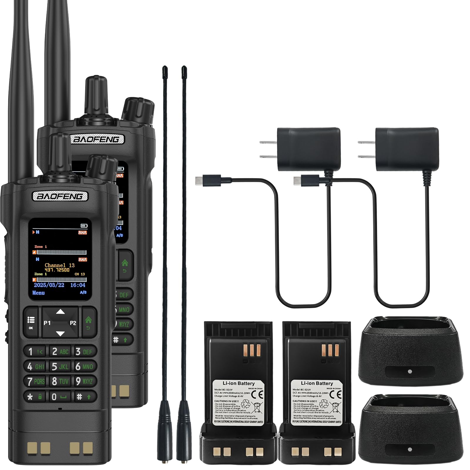 2 Pack BAOFENG DM-32 DMR Radio 10W High Power Walkie Talkie GPS/APRS Two Way Raido USB-C Charging Multi-Band FM/AM Radio DM32 with 771B High Gain