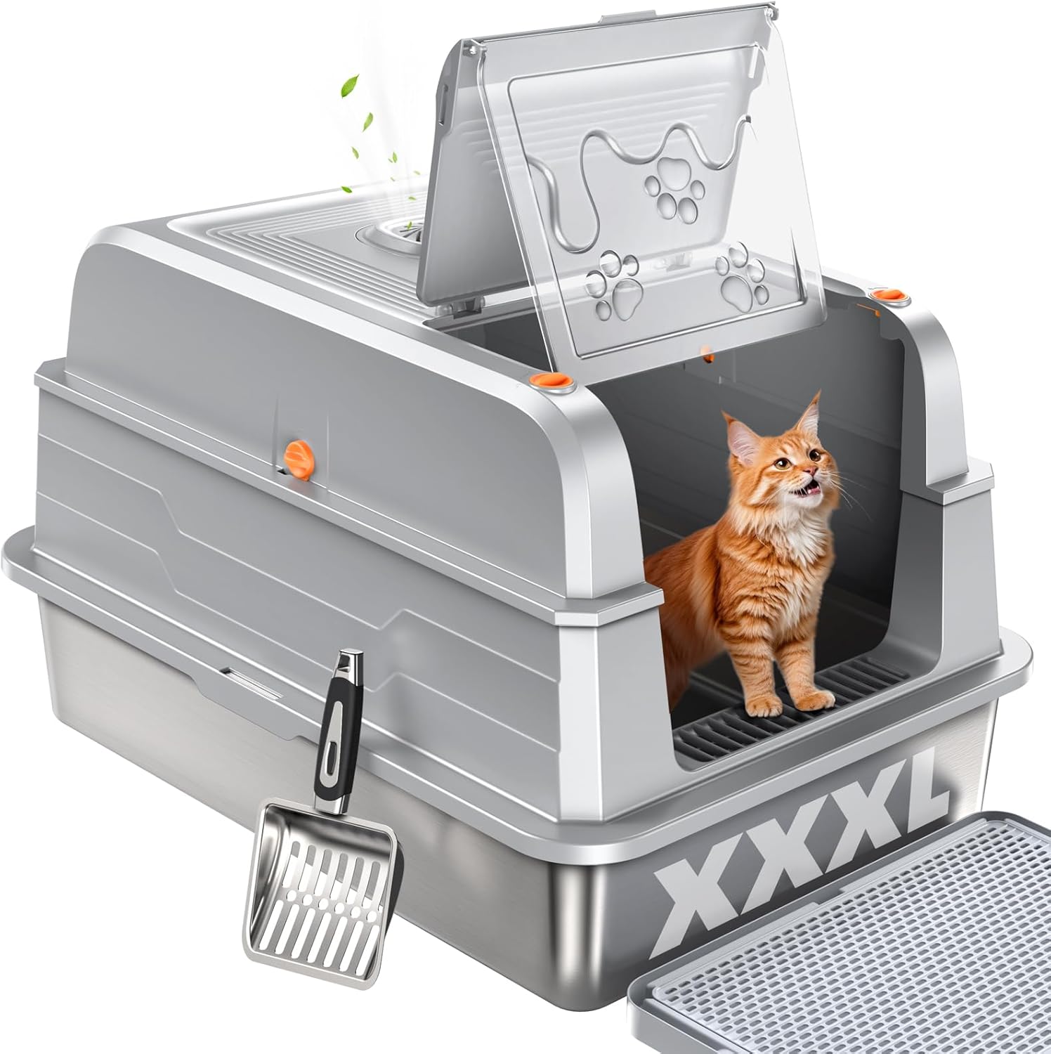 CATLIKE 2025 Upgrade 152L XXXL Stainless Steel Cat Litter Box - 3-Layer Urine Leak-Proof, Enclosed Design w/Charcoal Filter for Maine Coon & Multi-Cat Homes, Includes Metal Scoop & Mat