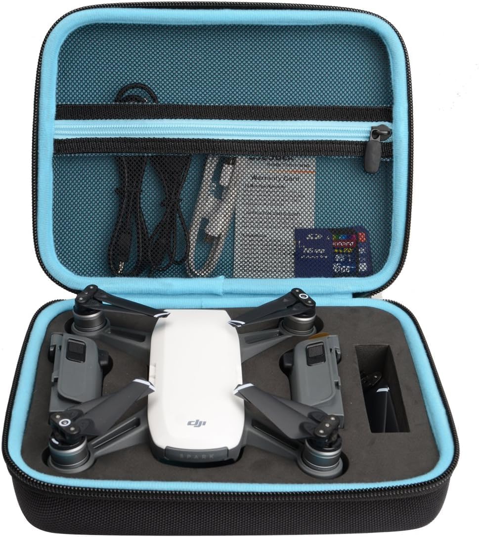 CaseSack Compact Travel and Protection Case for DJI Spark Mini Quadcopter Drone, Slots for extra batteries and propellers, Mesh Pocket for USB Cable and other accessories (Black)