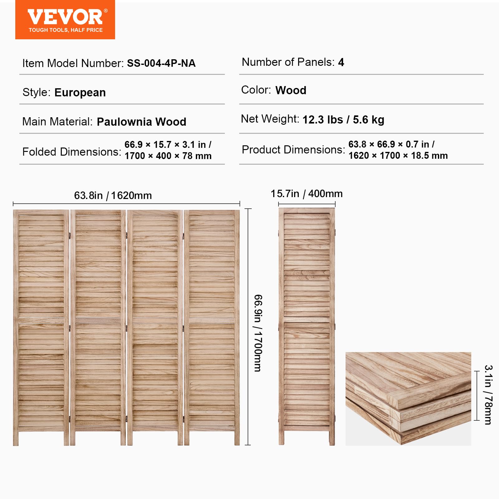 VEVOR Separador De Habitación De Madera, Pantalla De Privacidad Plegable De 4 Paneles, División De 66.9 Pulgadas De Alto, Decoración Portátil En Luz Neutra