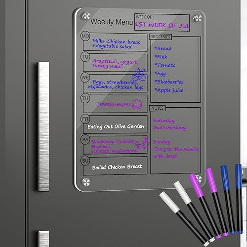 Pizarra magnética acrílica de borrado en seco, calendario semanal para refrigerador, 16 x 12 pulgadas, planificador semanal de comidas, tablero