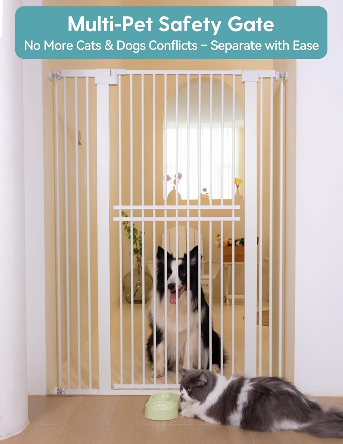 No Pawblems 71" Extra Tall Pet Gate for Cat, 29-40" Auto Close Cat Gate for Doorways/Stairs/Hallways, NO Drilling Pressure Mounted Tall Dog Gate Indoor, 1.37" Pet-Safe Gap, White