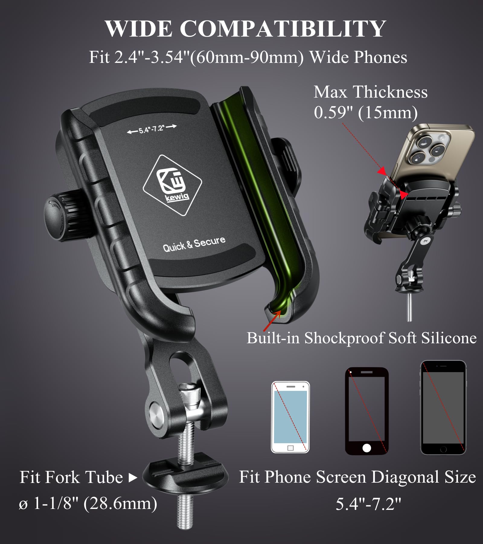 BRCOVAN Supporto per manubrio della forcella della bici [compatibile con fotocamera] [blocco e rilascio 1s] regolabile per cuffie da bicicletta con base di montaggio in alluminio solido per smartphone