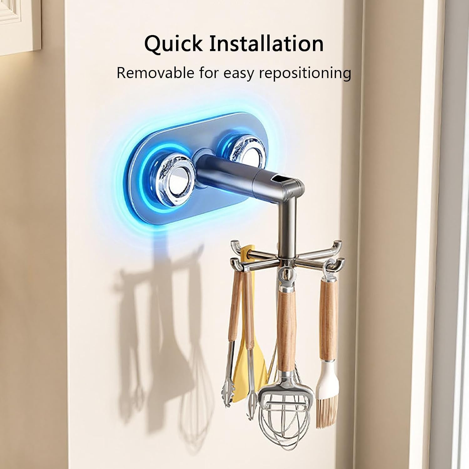 360° Rotating Kitchen Utensil Hook, Wall Mounted Utensil Rack, Space Saving Organizer with 8 Hooks for Cooking Tools, Spoons, Whisks