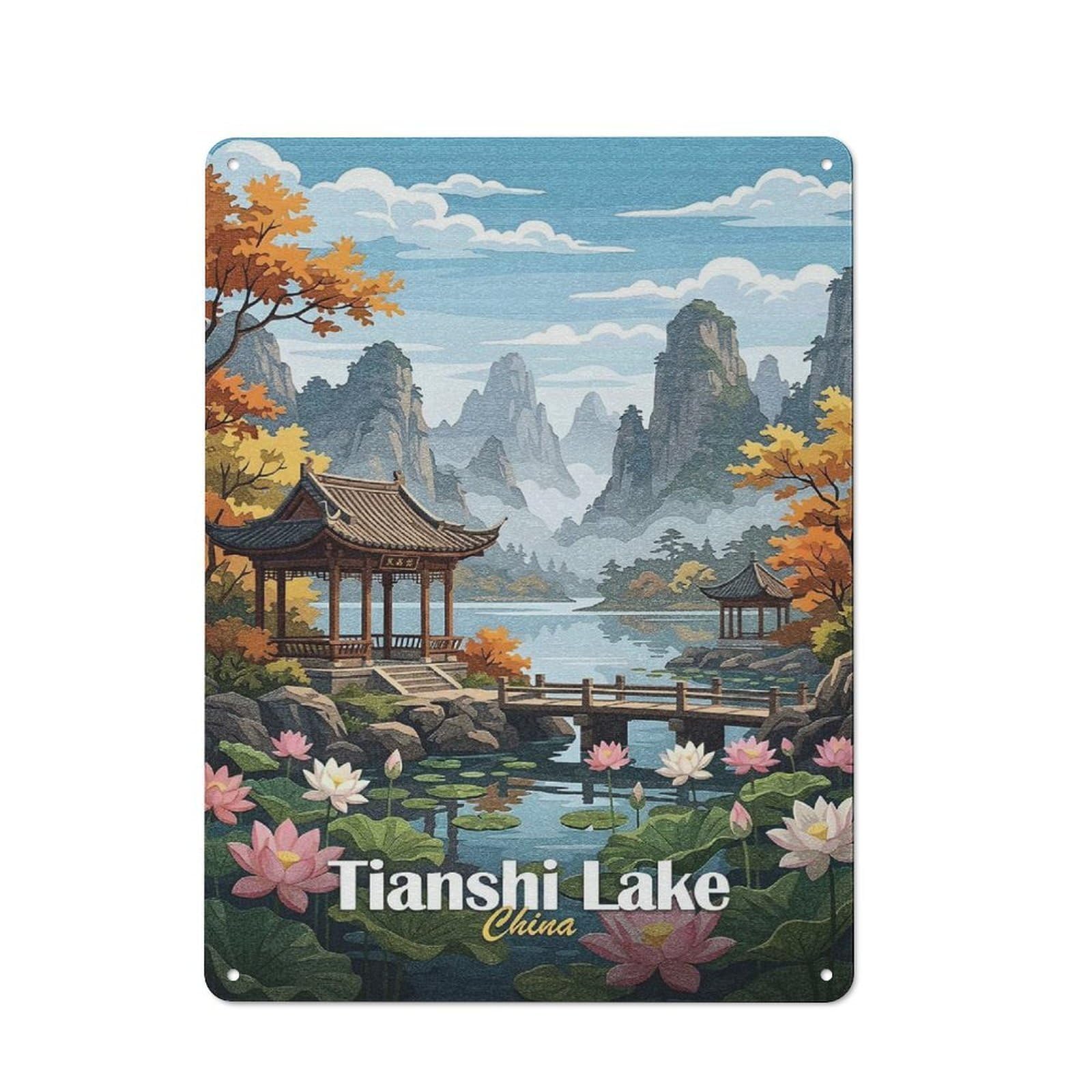 Junmoney Style-7 Tianshi Lake China Landscape Rustic Metal Plaque 40X30cm For Living Room Or Hallway, For Garage, Workshop And Man Cave Decoration