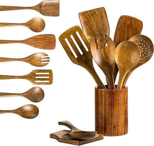 Juego de 9 utensilios de cocina de madera de lujo, utensilios de cocina completos para cocinar con caja de almacenamiento y soporte para cucharas,