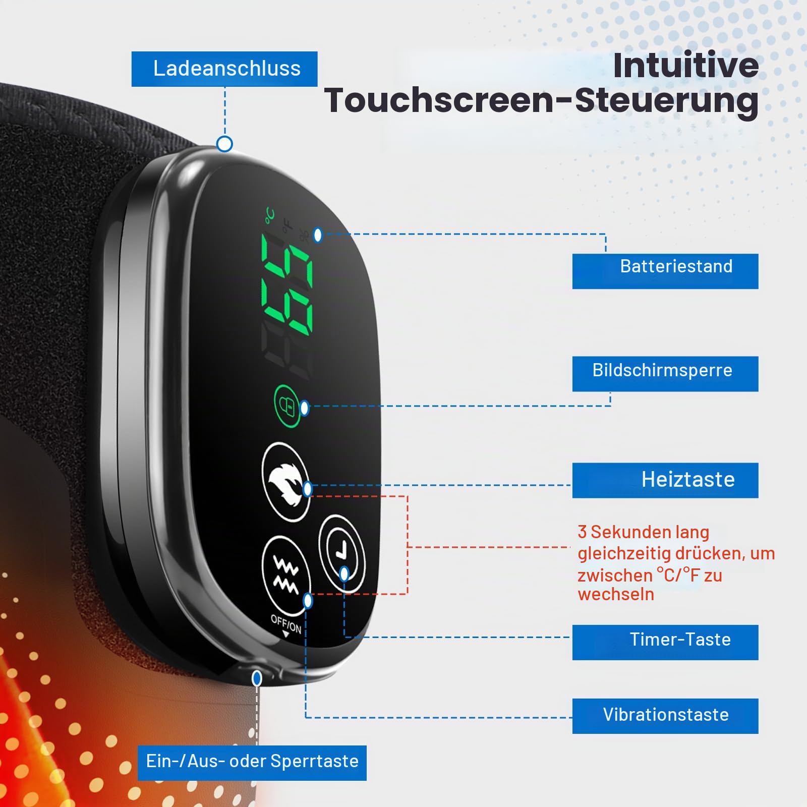 Kabellose Beheizte Kniebandage, Knieheizkissen Mit Rotlicht Und Touchscreen-Steuerung, Tragbares Ellbogen-Heizkissen Mit 5 Heizstufen, 3 Massagemodi Und Timer, Integrierter 5000 mAh-Akku, 4 Motoren