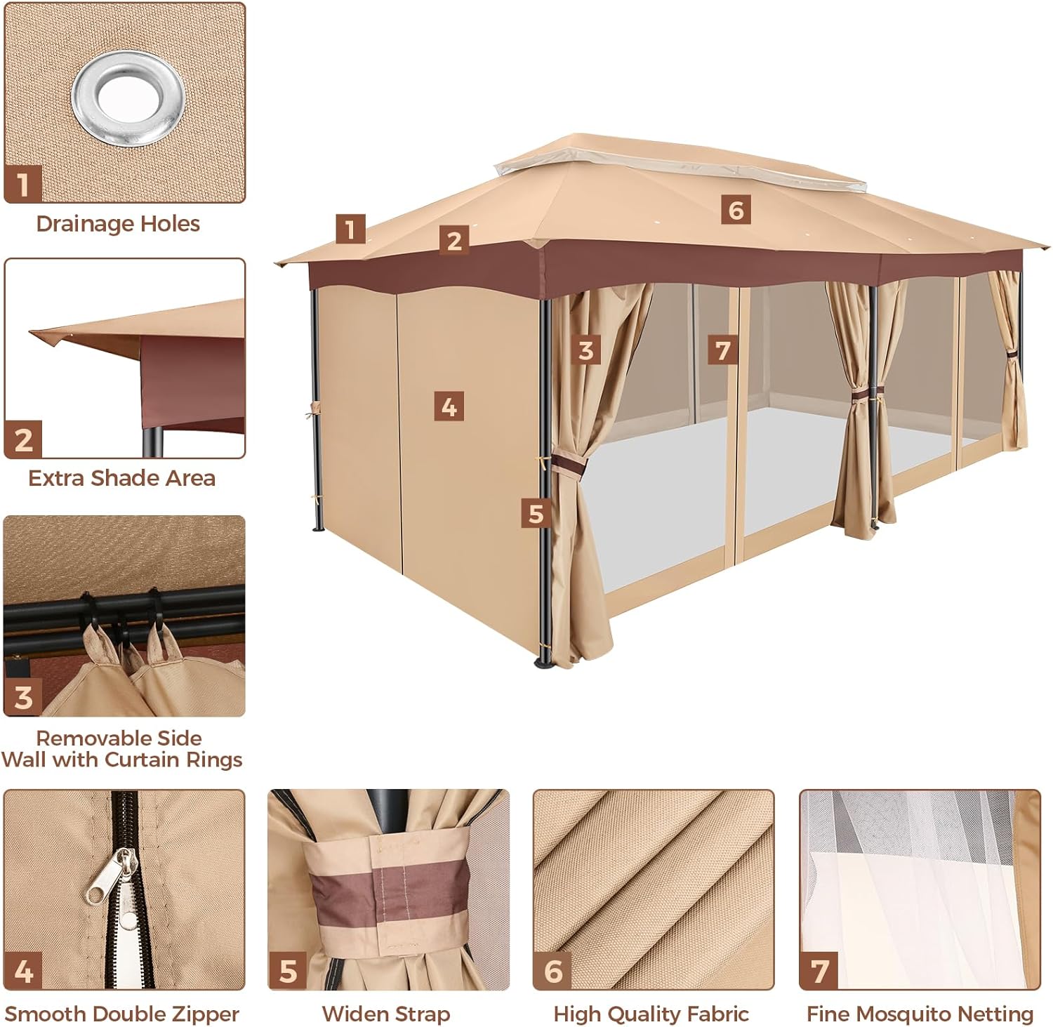 COBIZI Gazebo 12x20 Heavy Duty Gazebos with Curtain and Netting Outdoor Gazebo Canopy Double Roof Patio Gazebos with Metal Steel Frame for Patio, Deck, Backyard-Khaki