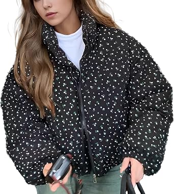 Womens Cropped Puffer Jacket, Floral Pattern, Long Sleeve, Stand Collar, Warm, Down Jacket, Casual, Fluffy, Winter Coat with Pockets