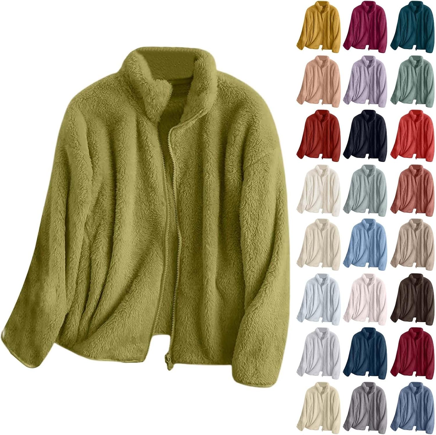 Fleece Pullover Women Long Sleeve Full Zip Up Warm Jacket Coats Warm Fall Winter Solid Causal Zipper Outerwear With Pockets