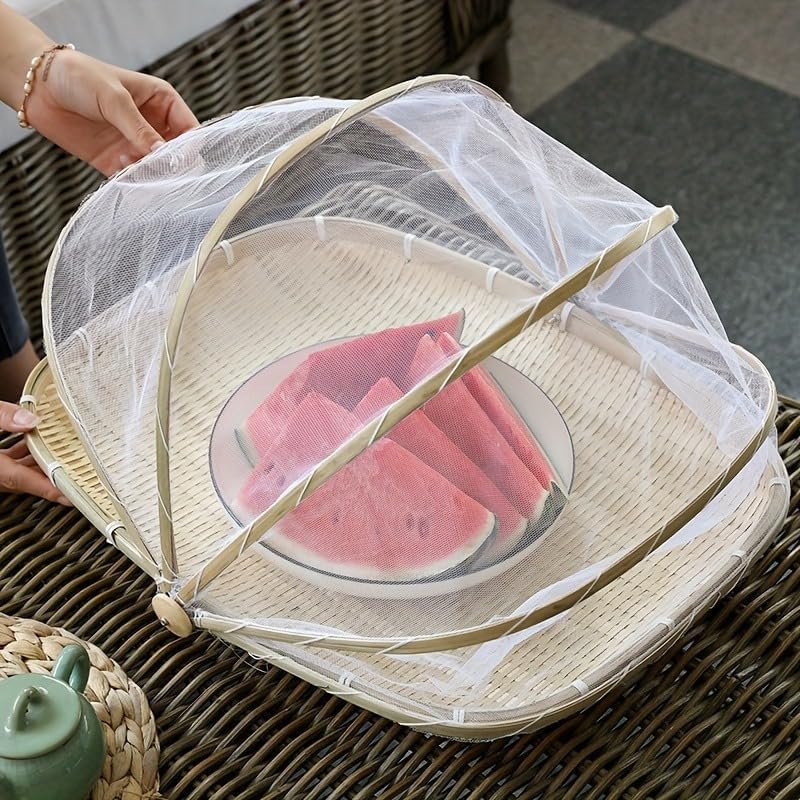 Handwoven Bamboo Serving Basket with Mesh Canopy Free Picnic Storage