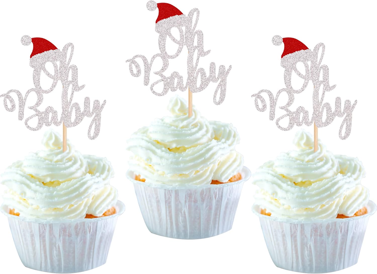 24 Pack Christmas Oh Baby Cupcake Toppers with Christmas Hat Glitter Baby Shower Cupcake Food Picks for Baby Shower Boys Girls Kids Birthday Party Cake Decorations Supplies
