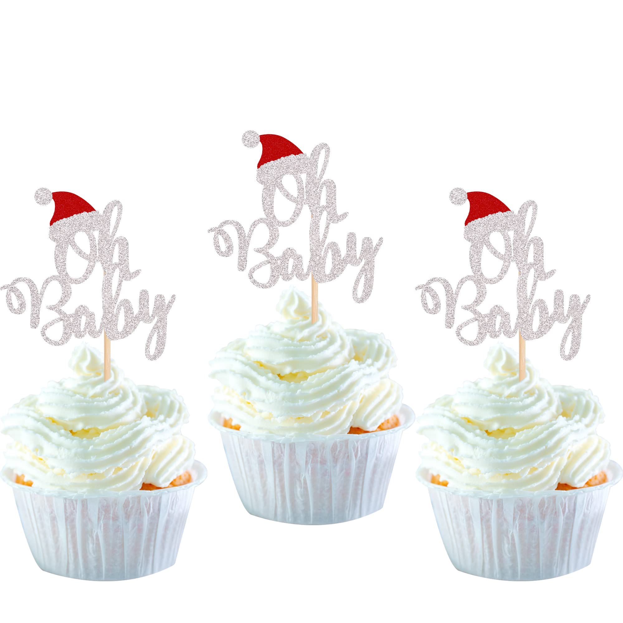 Gexolenu 24 Pcs Christmas "One" Cupcake Toppers - Double-Sided Glitter, Pink & Blue Santa Hats, 1st Birthday Party Decor