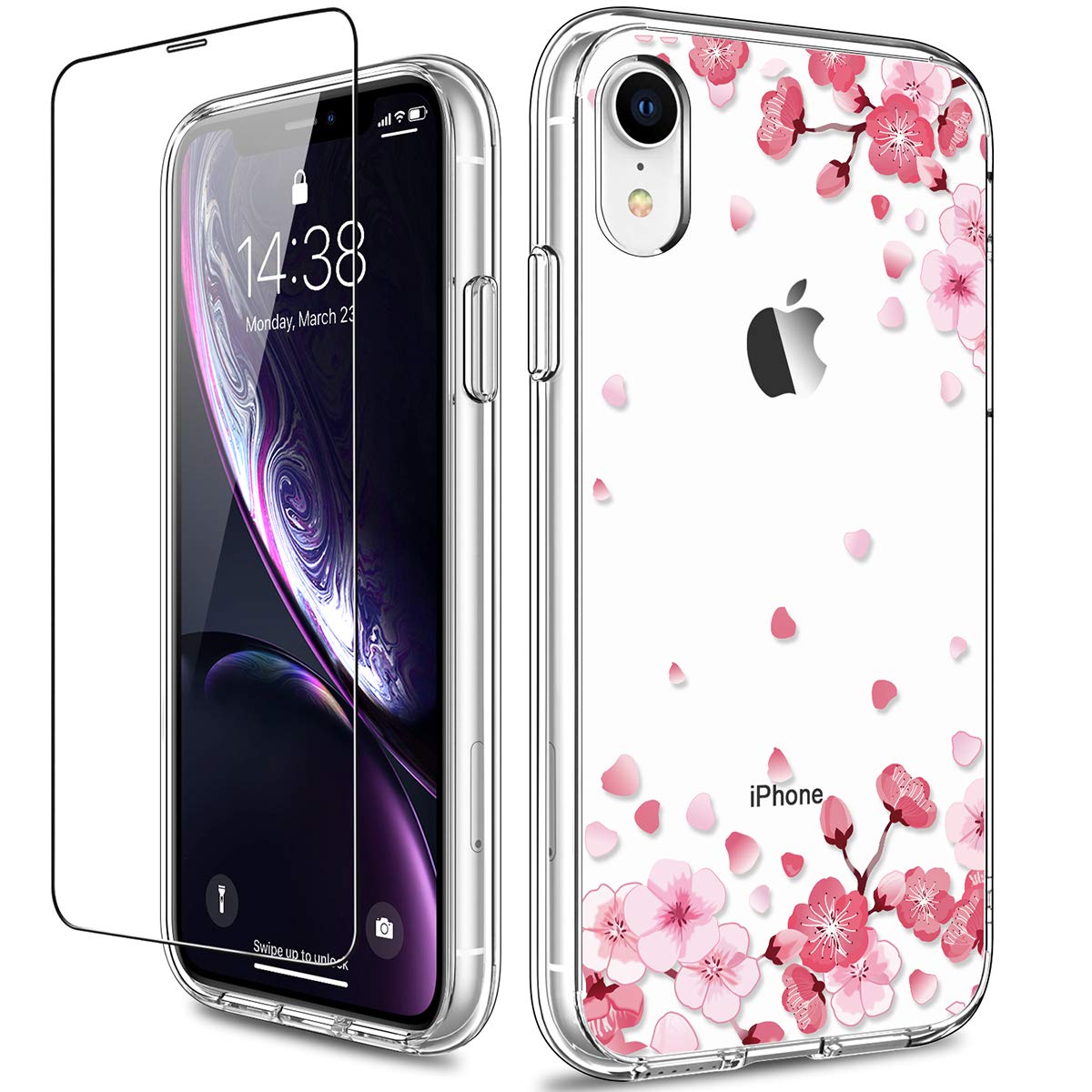 GiiKafor iPhone XR Case with Screen Protector, Clear Heavy Duty Protective Case Floral Girls Women Shockproof Hard PC Back Case with Slim TPU Bumper Cover Phone Case for iPhone XR, Pink Floral