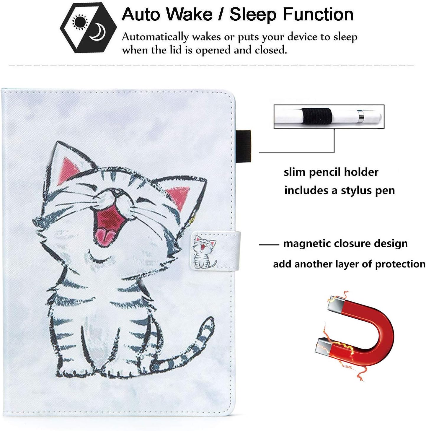 Uliking for Apple iPad 10.2 inch Case iPad 9th/8th/7th Generation (2021/2020/2019) with Pencil Holder Pockets [Auto Sleep/Wake] Folio Stand PU Leather TPU Shockproof Wallet Cover, White Cat Kitty