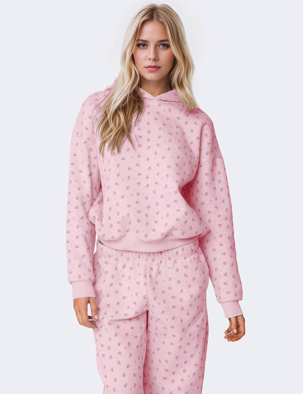 OLAPTA Women 2 Piece Outfits Ditsy Flower Print Sweatsuits Sets Long Sleeve Sweatshirts Wide Leg Sweatpants Fall Tracksuits