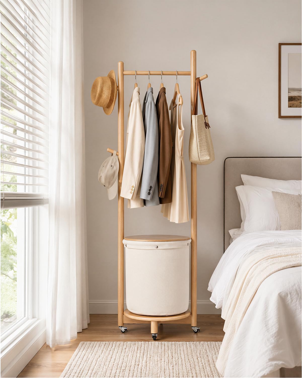 Solid Wood Coat Rack Tree Freestanding with Fabric Basket 68.31" Natural image 2