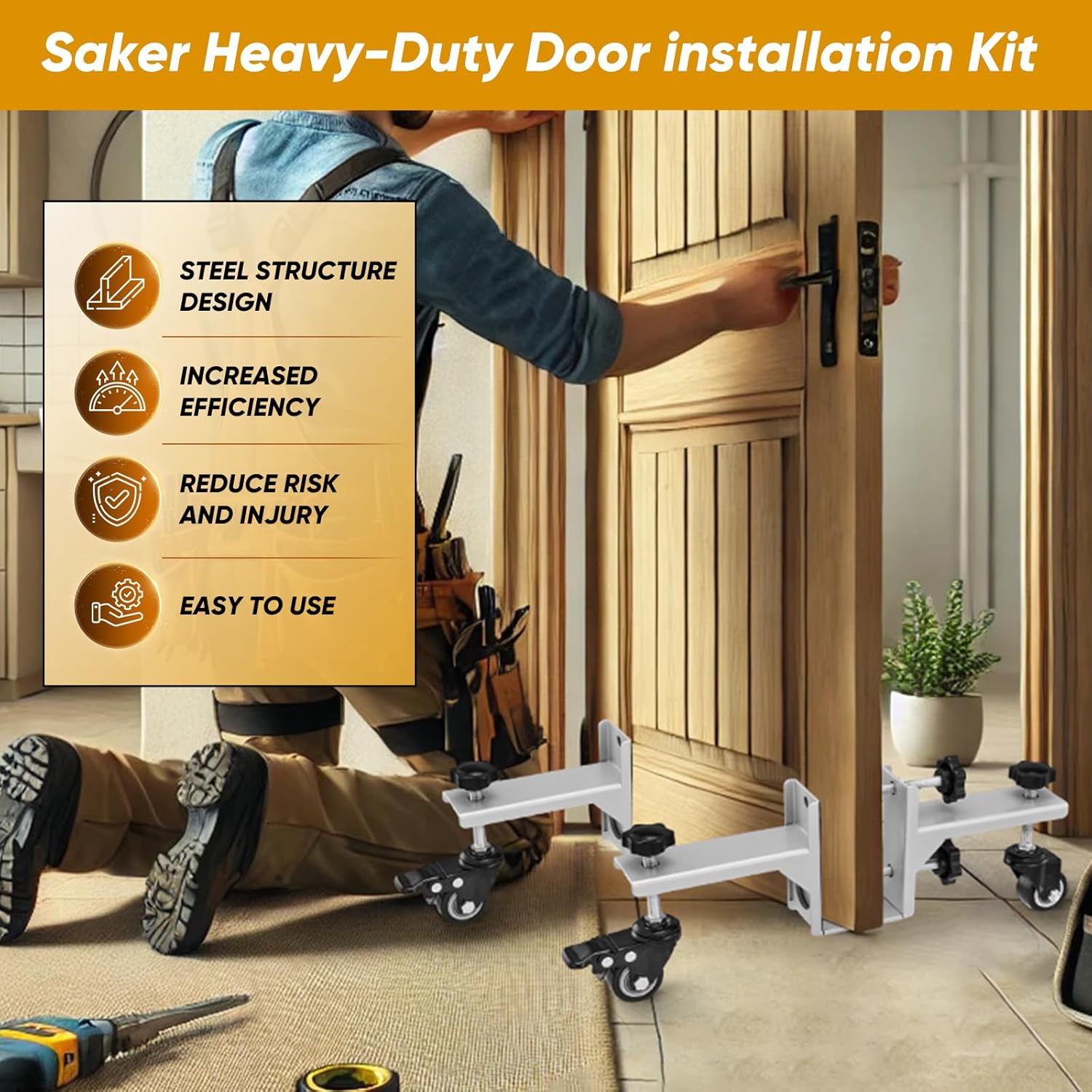 Saker Door Installation Kit with Dolly, 300LB Heavy Duty Adjustable Door Panel Tool Set, 360° Wheels & Anti-Slip Mat for DIY/Professional Use (Silver)
