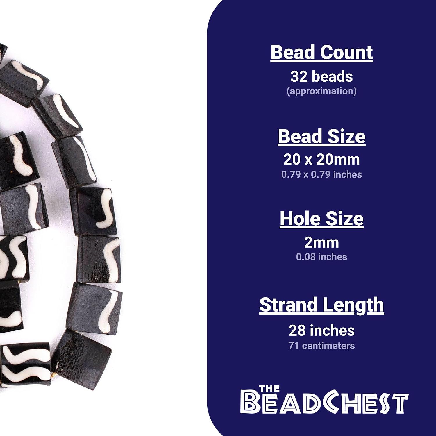 The Bead Chest Wave Design Batik Bone Beads Flags 20mm Kenya African Black and White Flat Large Hole 28 Inch Strand Handmade