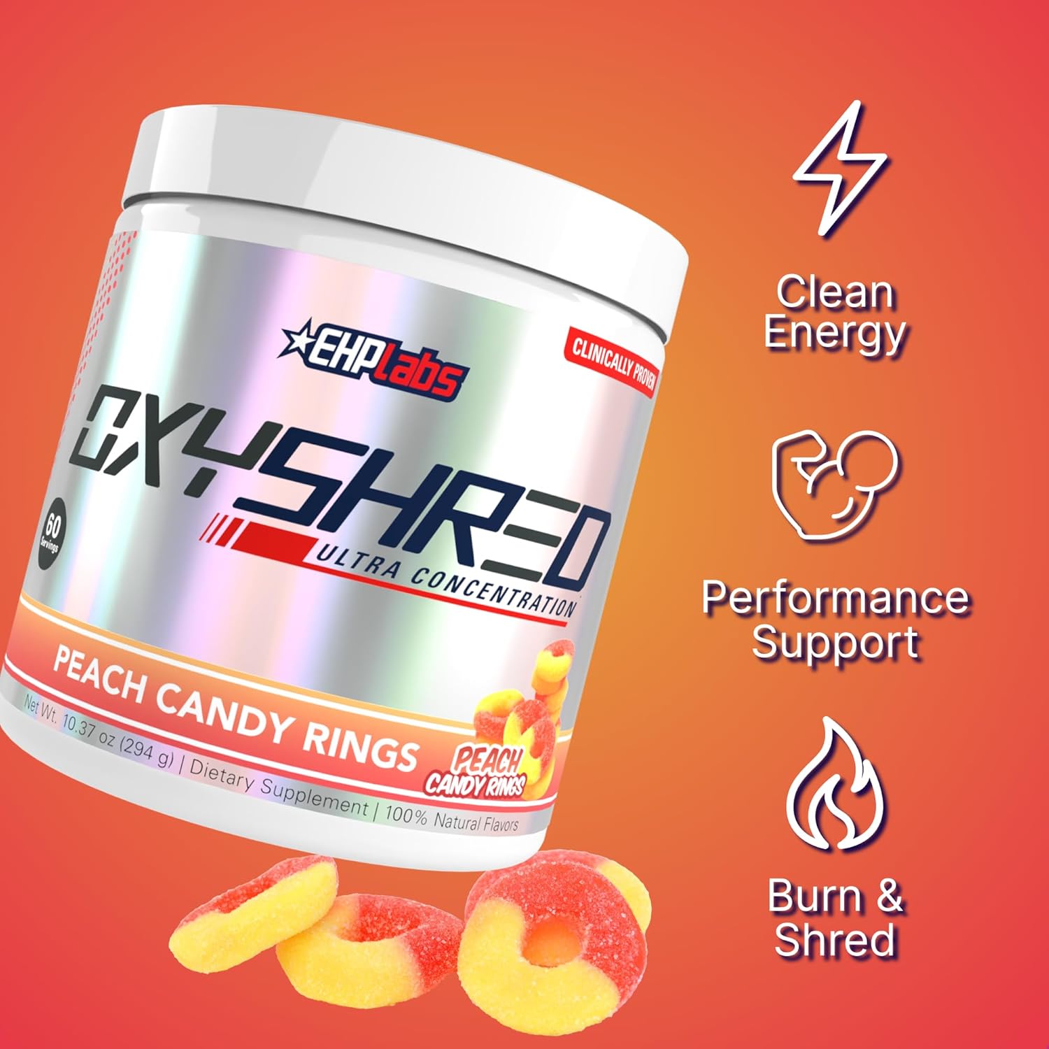 EHP Labs OxyShred Pre Workout Powder - Preworkout Powder with L Glutamine & Acetyl L Carnitine, Energy Boost Drink - Peach Candy Rings, 60 Servings