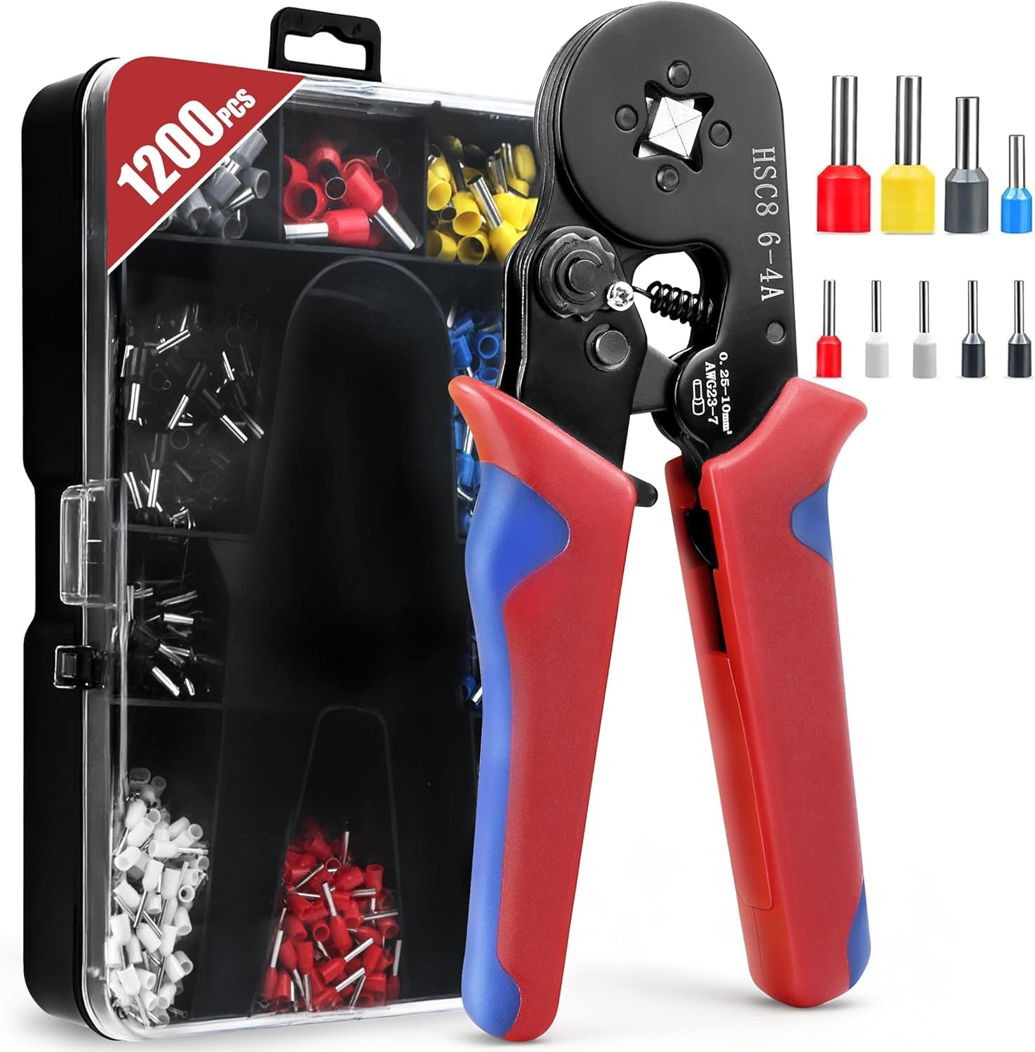 BONZELLA Wire Crimping Tool Kit, Ferrule Crimping Tool, Self Adjusting Square Electrician Wire Crimper Plier for AWG23-7 with 1200pcs Ferrule Wire Copper Crimp Connector & Crimper Plier, 0.25-10mm²
