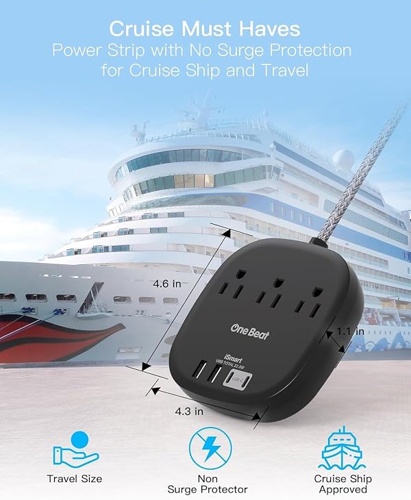 10 Ft Extension Cord, 22.5W/4.5A USB C Power Bar, Cruise Travel Essentials by One Beat - Image 3