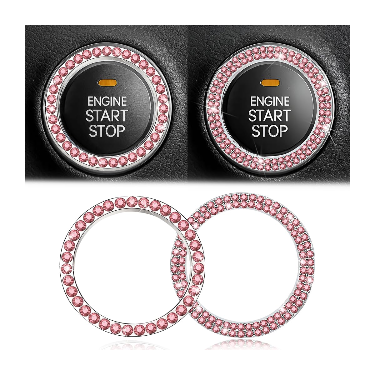 Car Bling Crystal Rhinestone Engine Start Ring Stickers, 1 Single Drainage Drill and 1 Double Drainage Drill Car Start Button Cover, Key Ignition Knob Bling Ring Decals, Car Accessories(Set Pink)