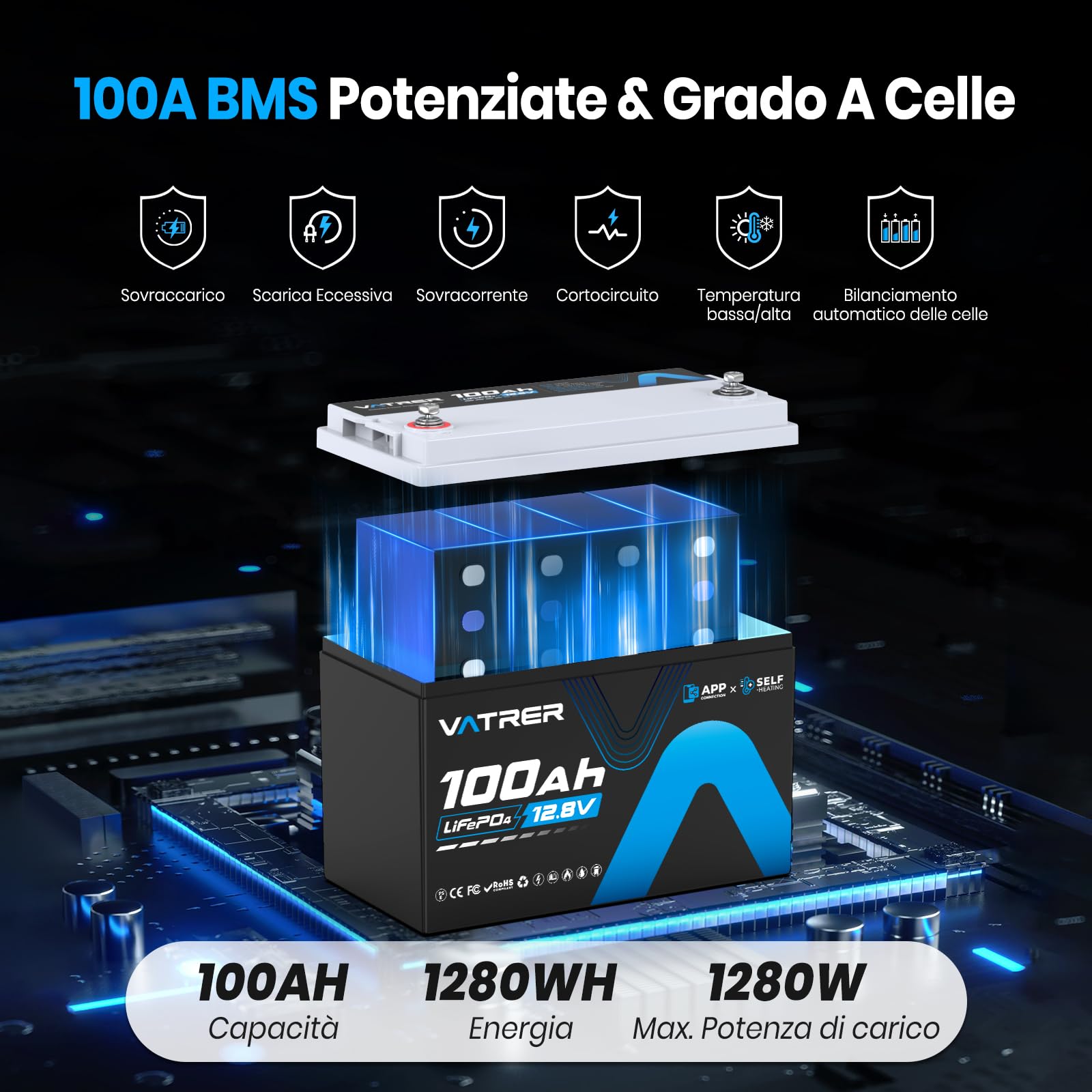 VATRER POWER Batteria LiFePO4 12,8V 100Ah Autoriscaldante Bluetooth | BMS Smart 100A·1280Wh Energia Utilizzabile·5000+ Cicli·Camper,Fotovoltaico & Off-Grid