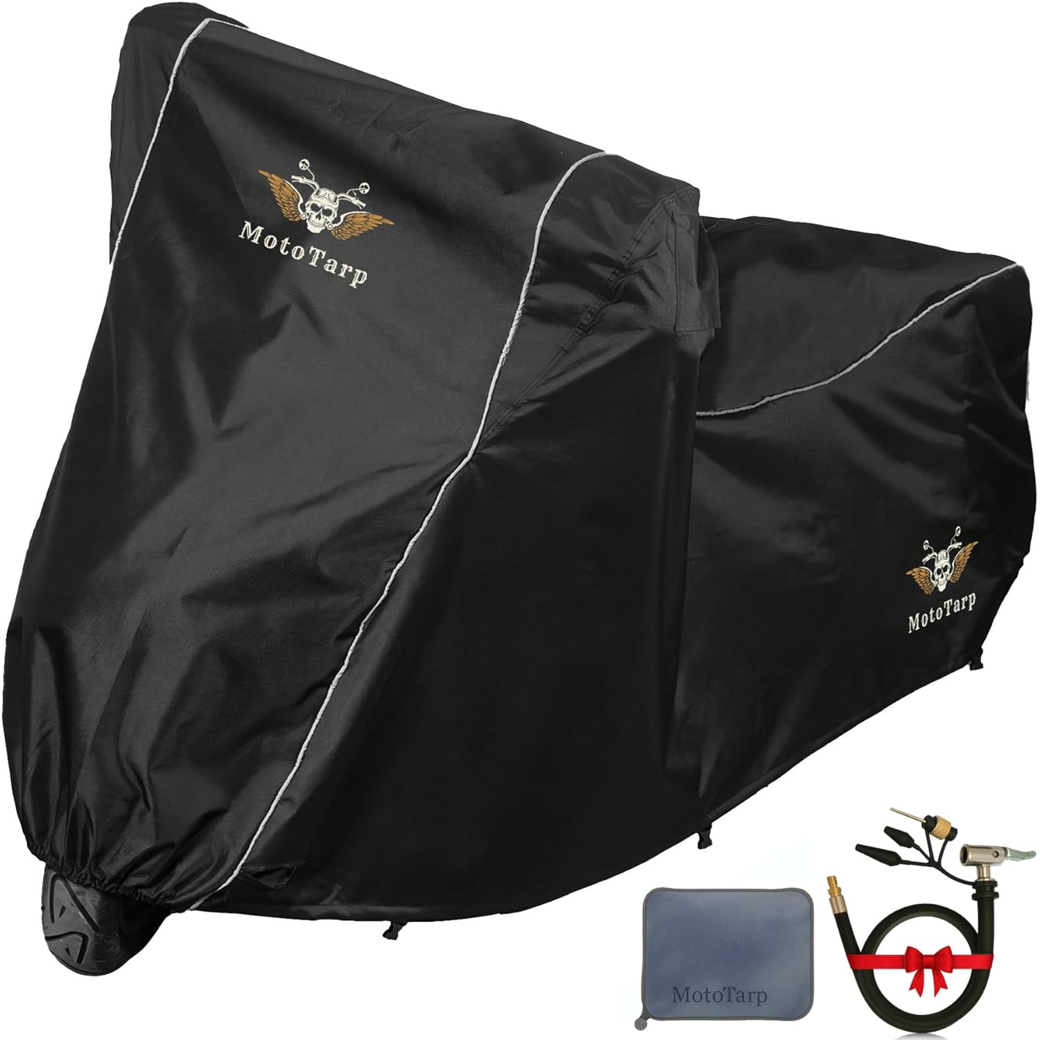 600D Heavy Duty Motorcycle Cover 100% Waterproof; License Plate Window, Exhaust Heat Guard, Night Reflectors, Wheel Lock Slots (Black, Large 86X37X43)