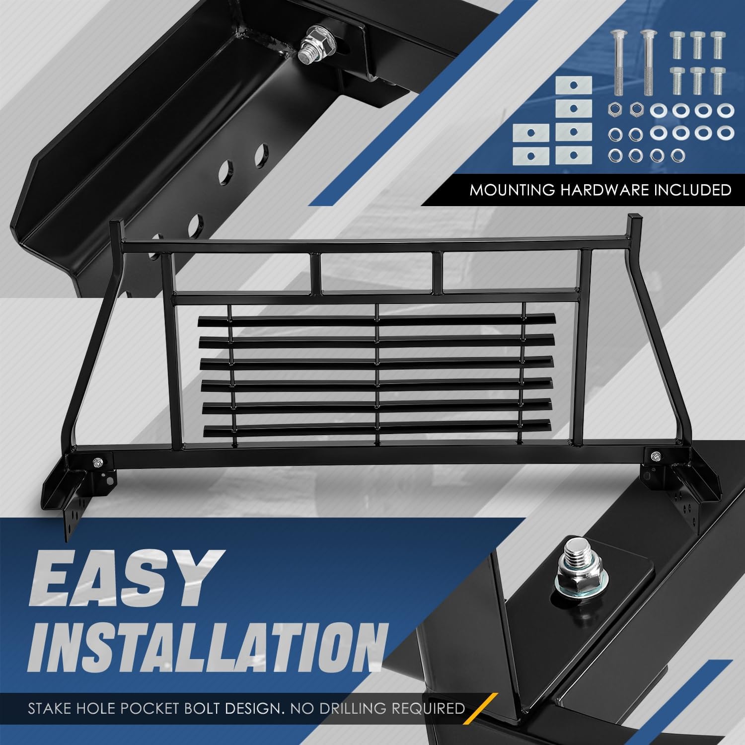 Auto Dynasty Headache Racks Louvered Window Guard Compatible with 2005-2023 Toyota Tacoma, Stake Hole Pocket Bolt Design, Powdercoated Gloss Black