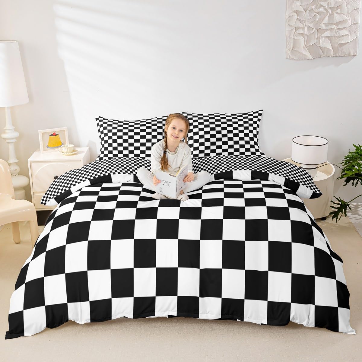Black and White Plaid Duvet Cover Set Queen Size, Reversible Geometric Grid Bedding Quilt Cover for Boys Teens Adults Room Decor, Soft Lattice Checkerd Comforter Cover with 2 Pillowcases, No Filler