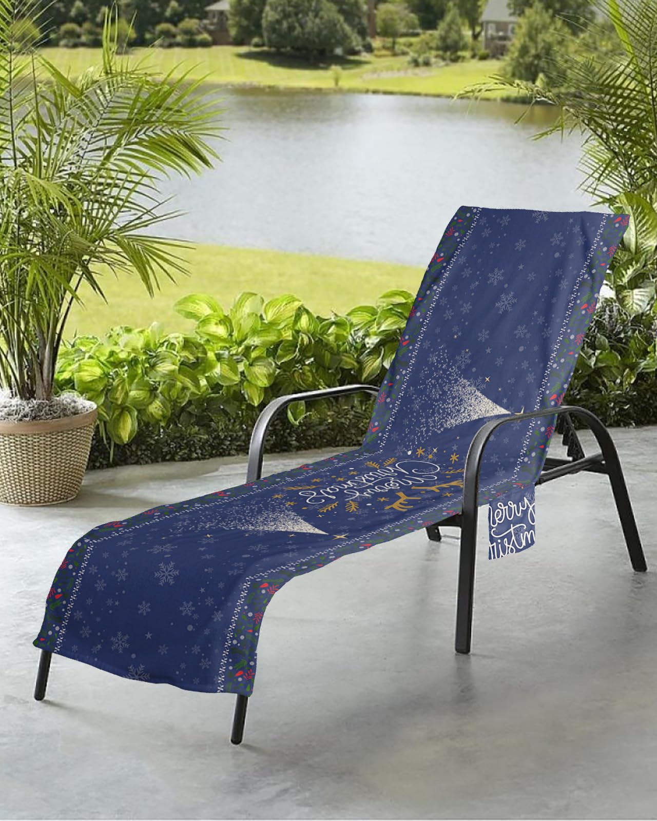 Christmas Beach Chair Towel Covers for Chaise Lounge with Side Pocket, Soft Plush Pool Towels Cover for Patio Sunbathing Outdoor 29''x85'' Snowflakes Xmas Tree Elk Leaves Navy Blue Gold Green
