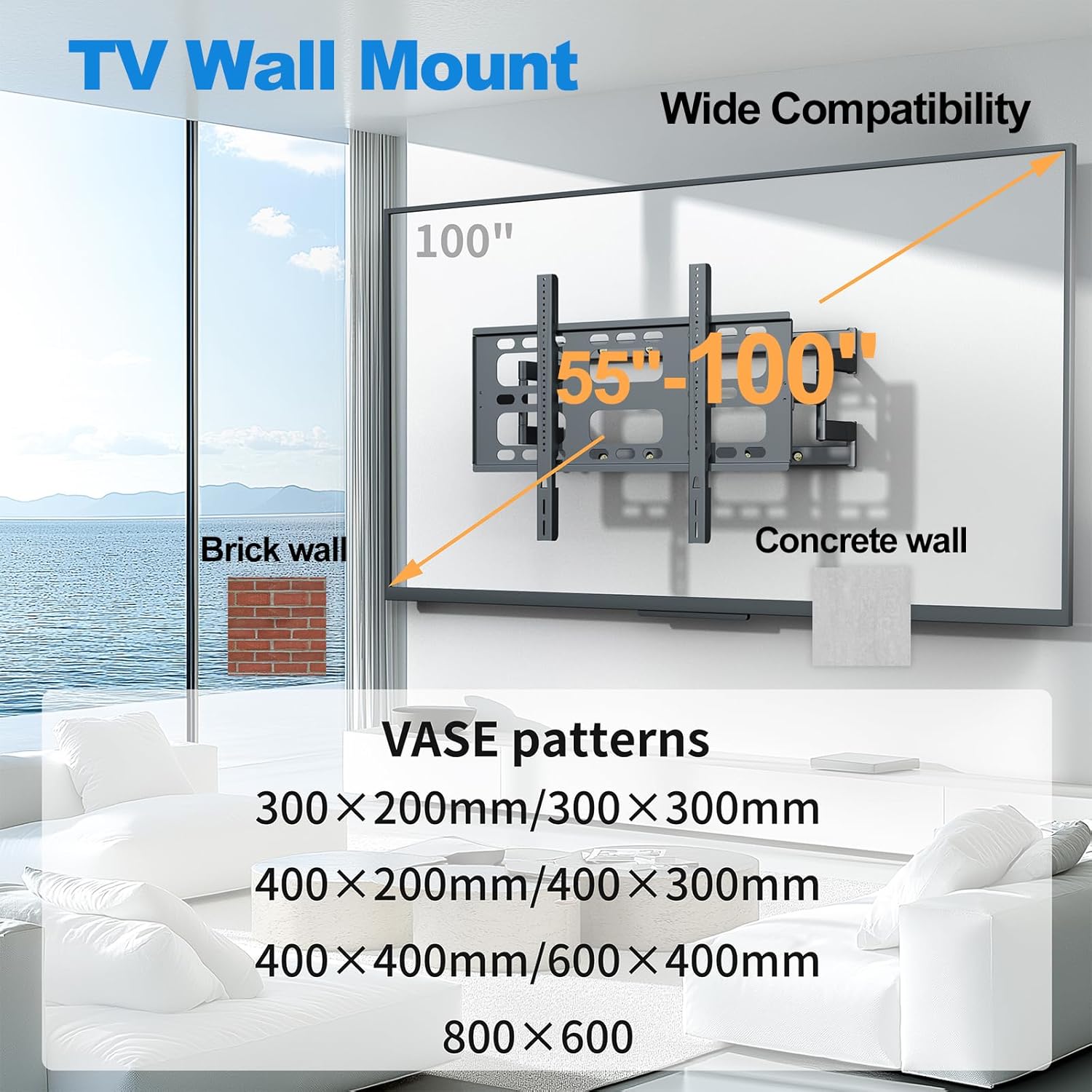 TV Wall Mount for 55-100 Inch TVs,up to 264 lbs,TV Mount with Extension,Wall Mount TVs Bracket Full Motion with Articulating Dual Arms,Max VESA 800 x 600mm (VC-Z1688)