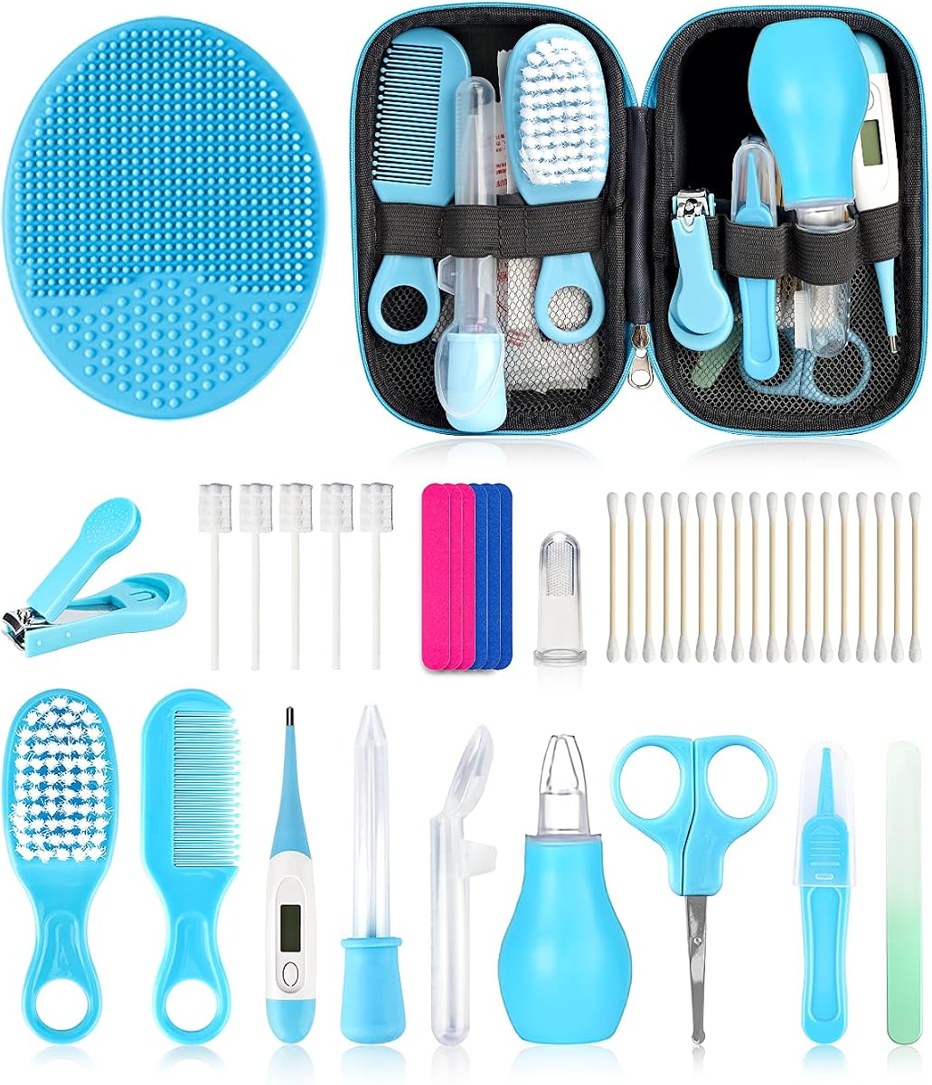 Kit de cuidado y cuidado de la salud para bebés, juego portátil de cuidado de seguridad para bebés con cepillo para el cabello, peine, cortaúñas, aspirador nasal para guardería, recién nacido, niña y niño (25 en 1 azul)