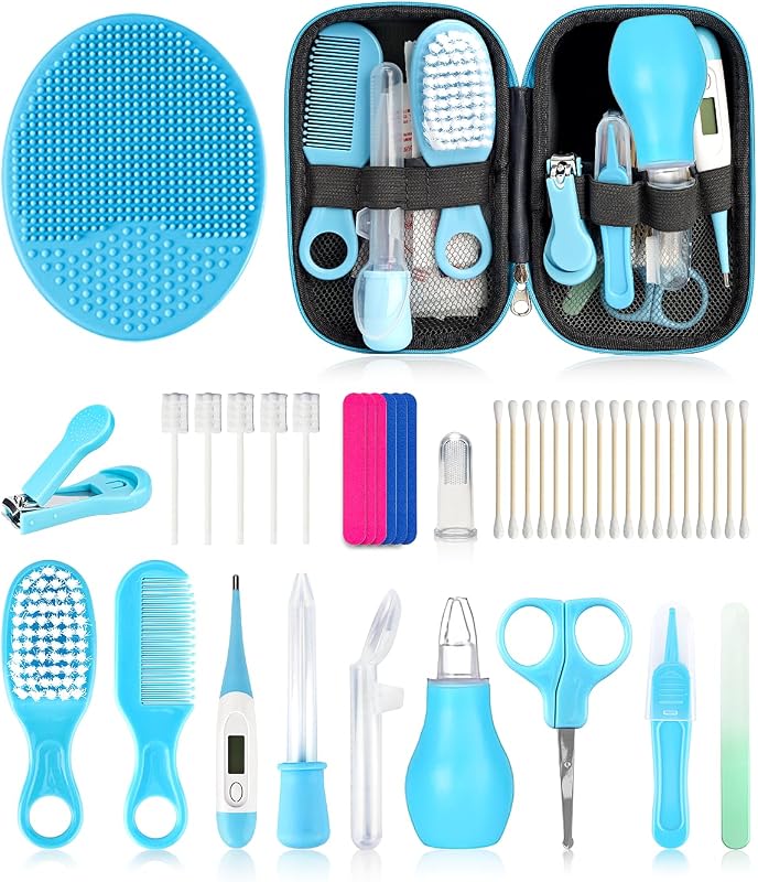Kit de cuidado y cuidado de la salud para bebés, juego portátil de cuidado de seguridad para bebés con cepillo para el cabello, peine, cortaúñas, aspirador nasal para guardería, recién nacido, niña y niño (25 en 1 azul)
