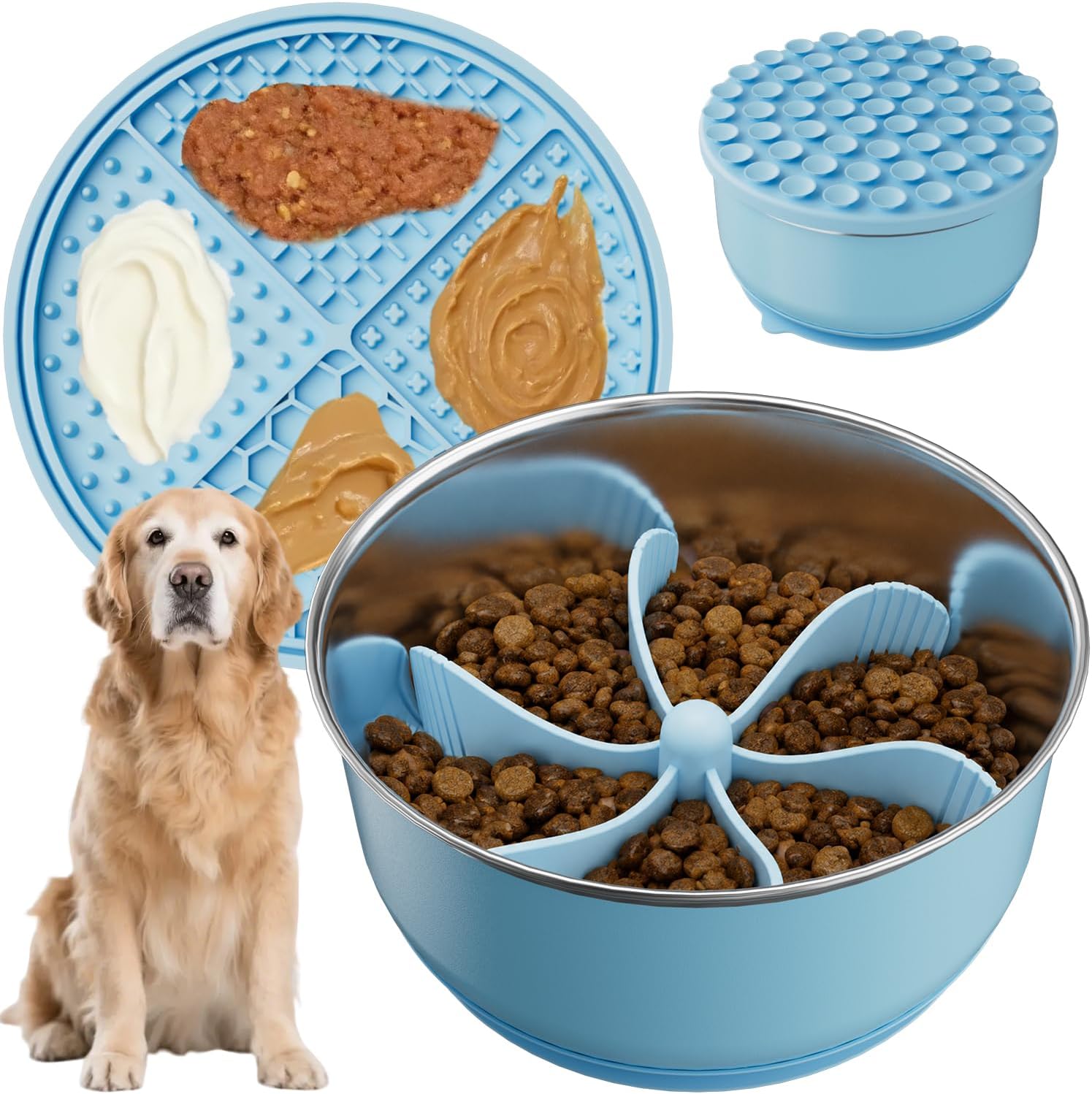 3-in-1 Stainless Steel Slow Feeder Dog Bowl with Lick Mat Storage Lid
