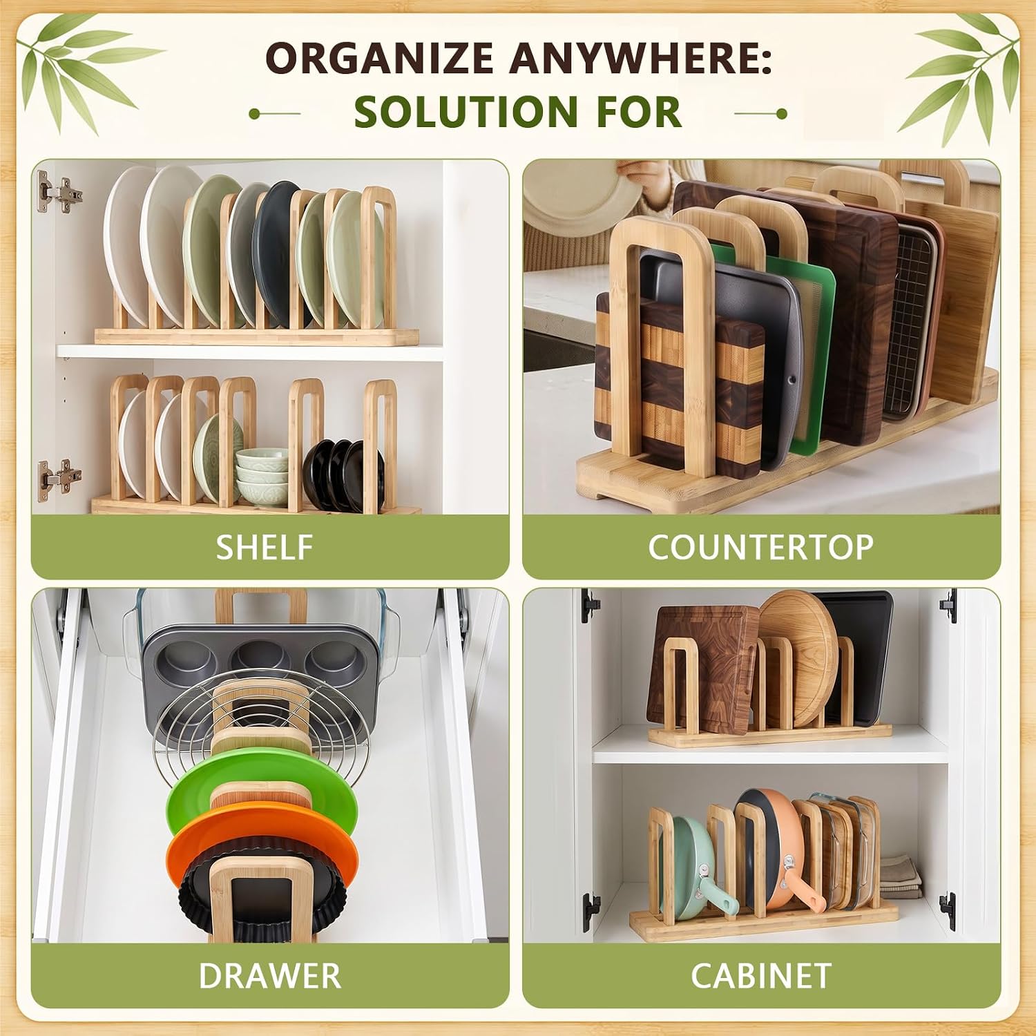 Novabright 2 Set Bamboo Cutting Board Organizer, 5-Slot Adjustable Dividers with Non-Slip Pads for Bakeware, Pot Lids, Trays, Cookie Sheets, Kitchen Cabinet Storage