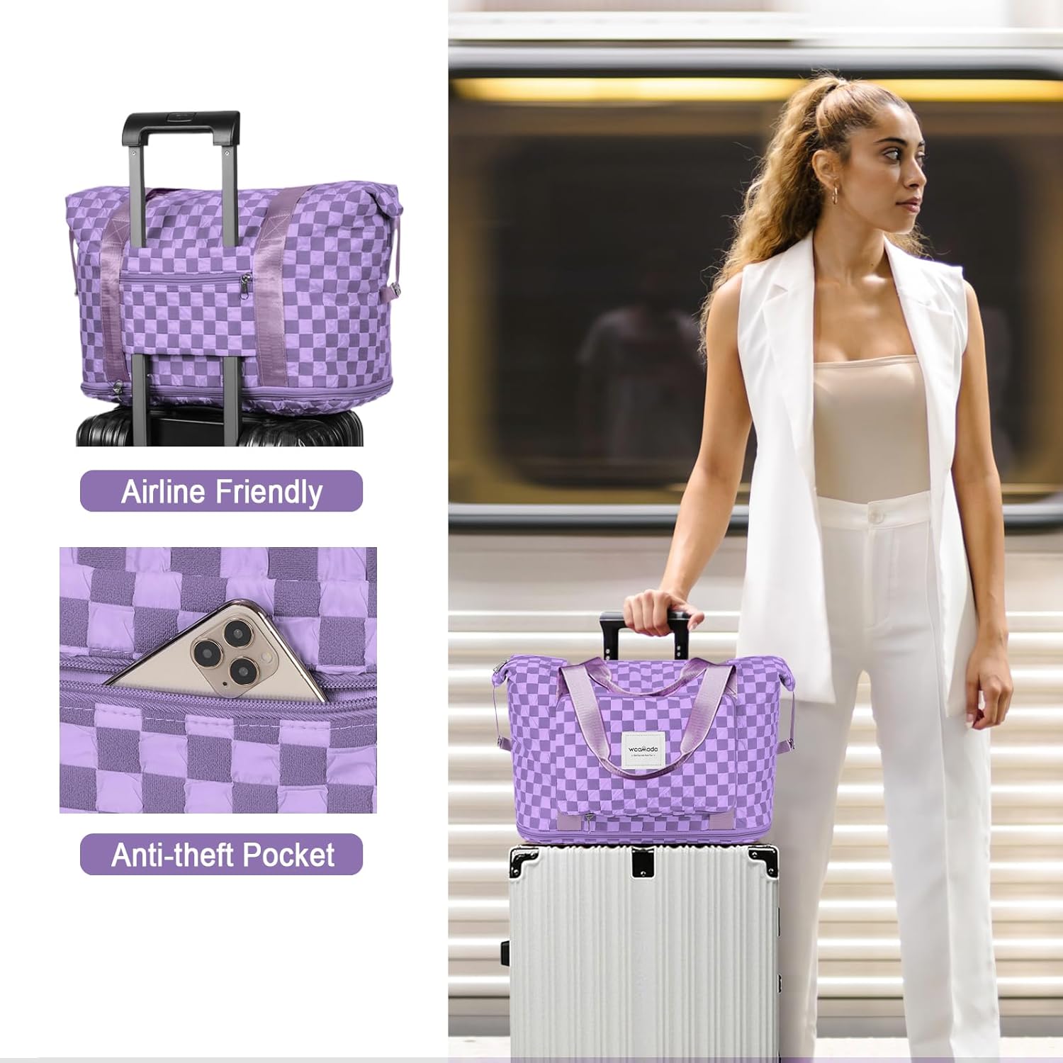 WOOMADA Foldable Travel Duffel, Weekender & Carry-On Bag with Expandable Space