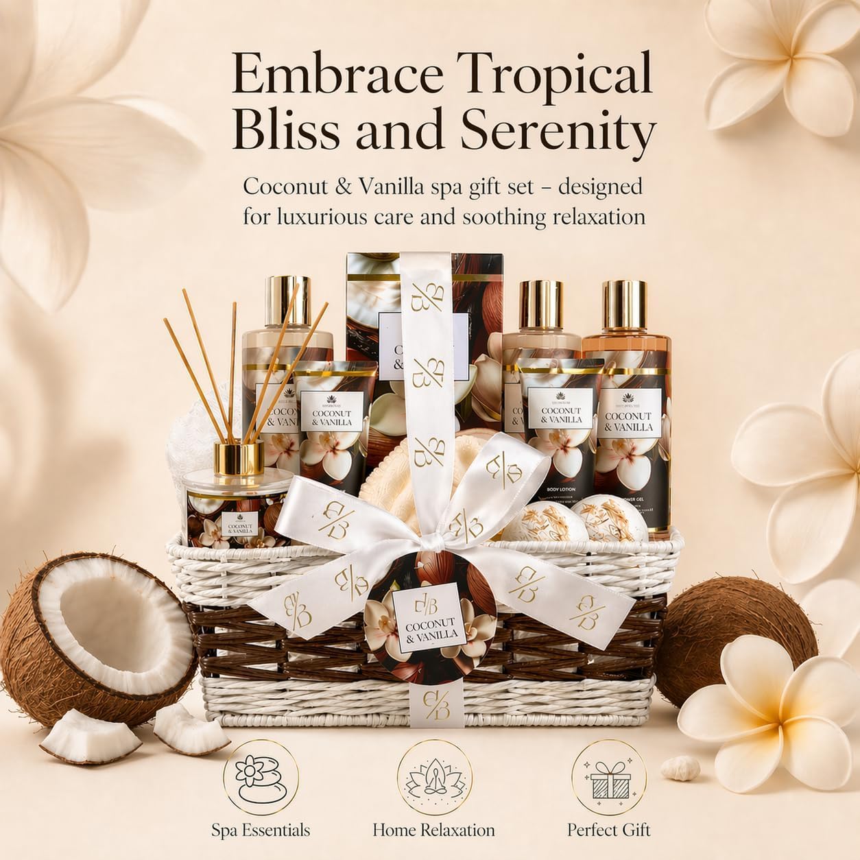 Spa Gift Basket for Women, Coconut & Vanilla 12-Piece Bath Gift Set with Shower Gel, Shampoo, Bubble Bath, Diffuser, Bath Bombs & Lotion, Birthday Gifts for Her