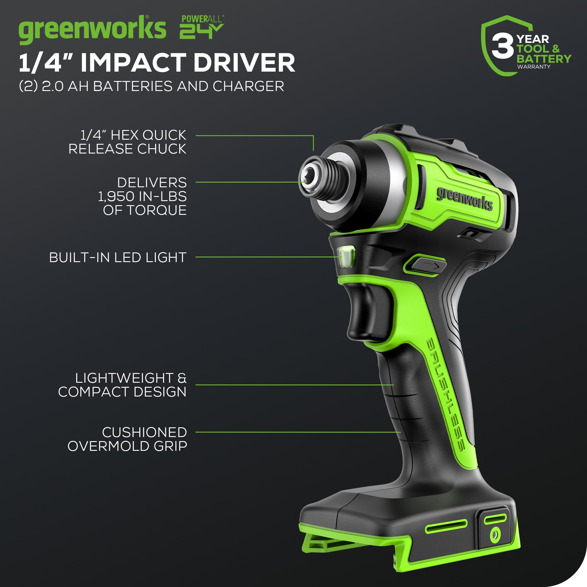 Greenworks 24V Destornillador de impacto inalámbrico sin escobillas 220 Nm, portabrocas hexagonal de 6,35 mm, velocidad variable, solo herramienta. Modelo ID3220