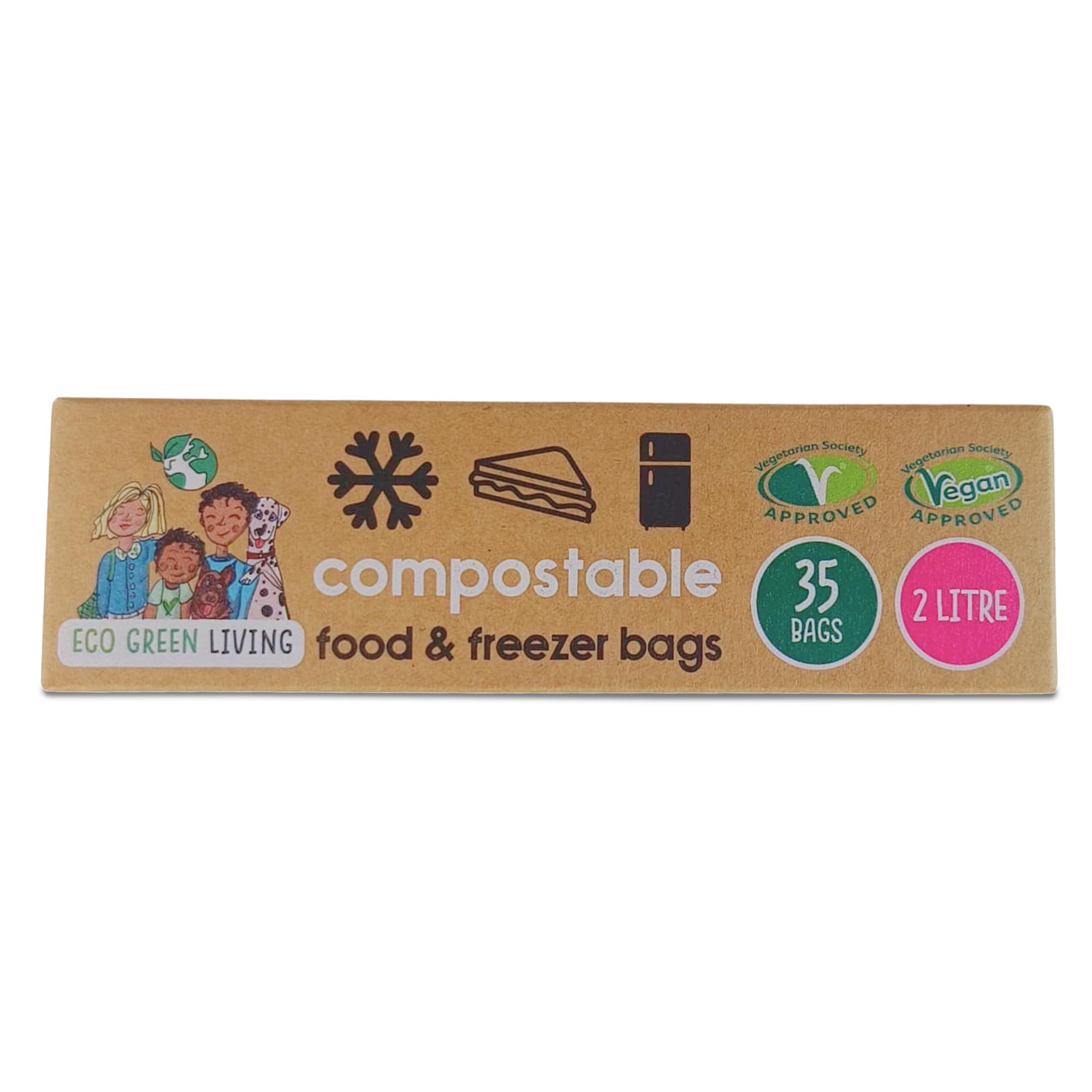 Eco Green Living 2L Food & Freezer Bags, Eco Friendly, BPA Free 100% Certified Compostable Freezer Bags, Plant- Based, Biodegradable Food Storage Bag for Vegetables, Fruits, Meats, Sandwich 35 Bags